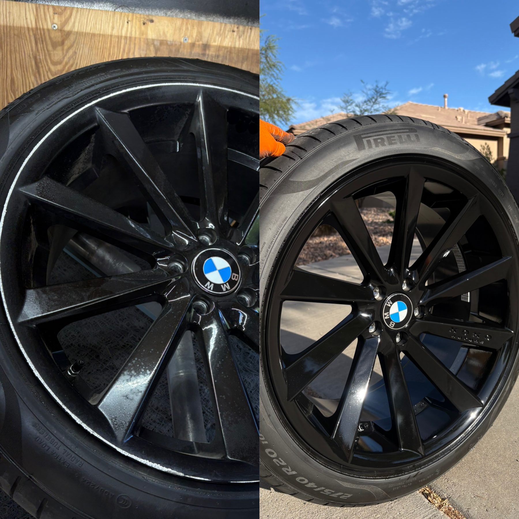 BMW wheel before and after color refinishing