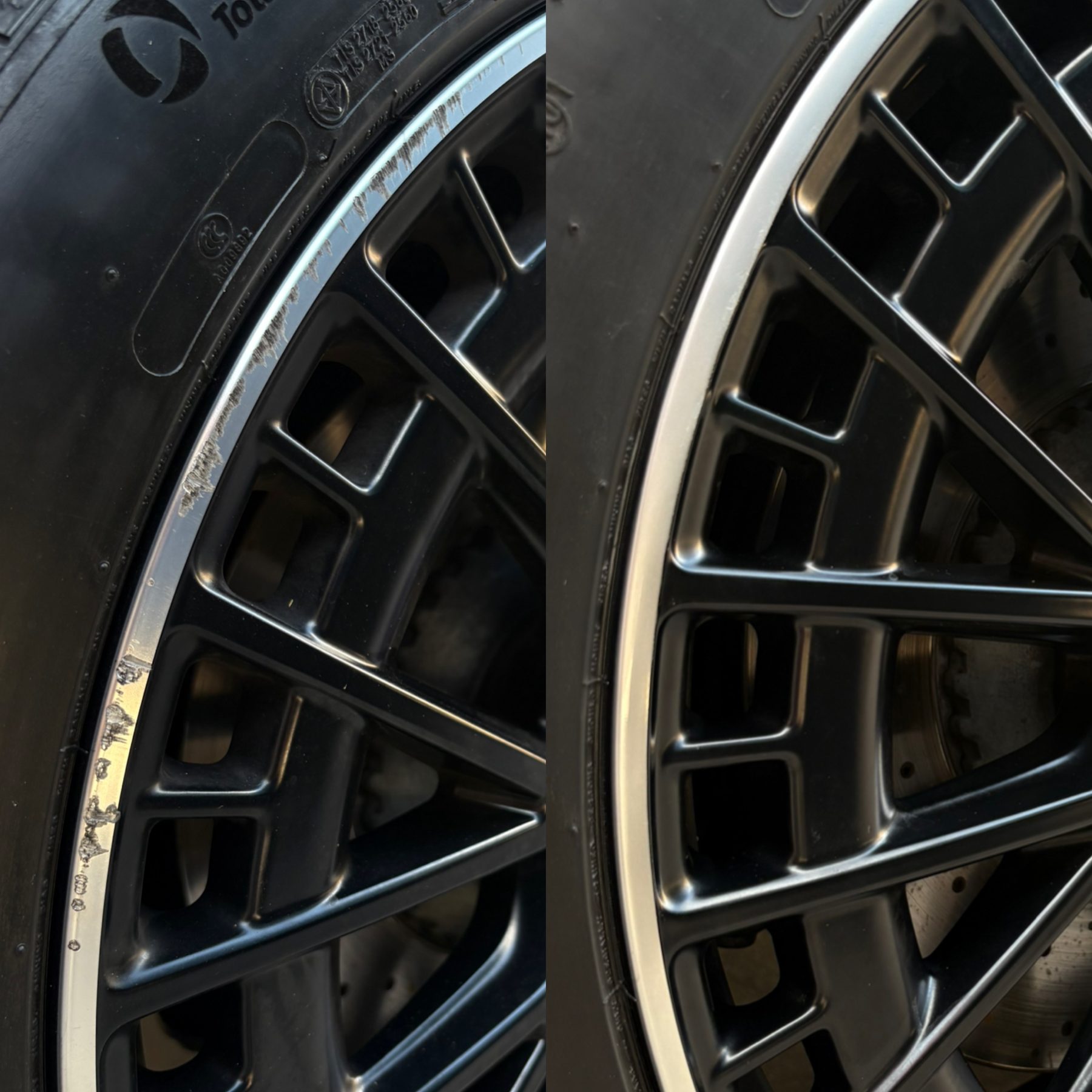 Wheel lip before and after curb rash repair