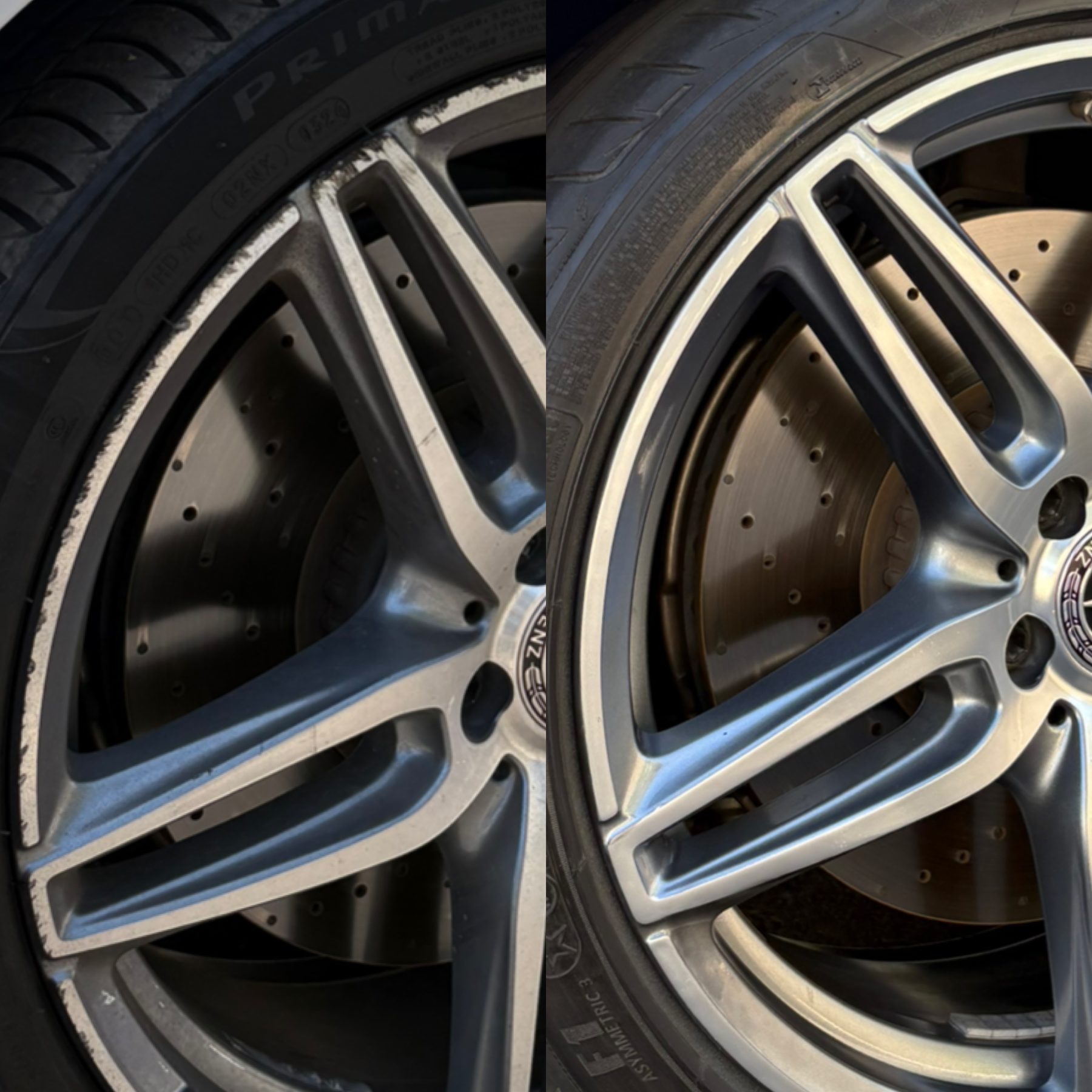Mercedes spoke wheel before and after curb rash repair