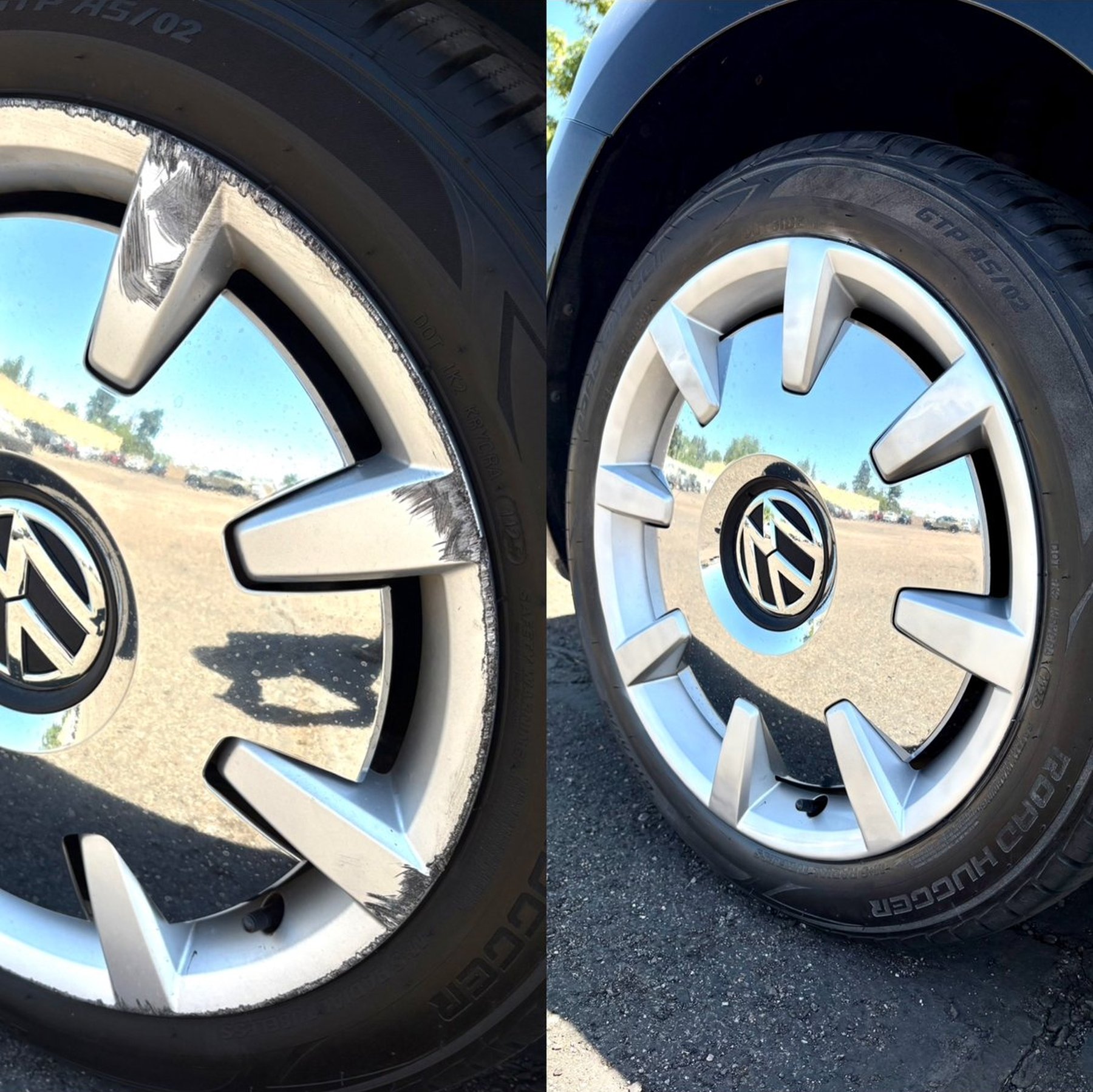 VW wheel before and after refinishing